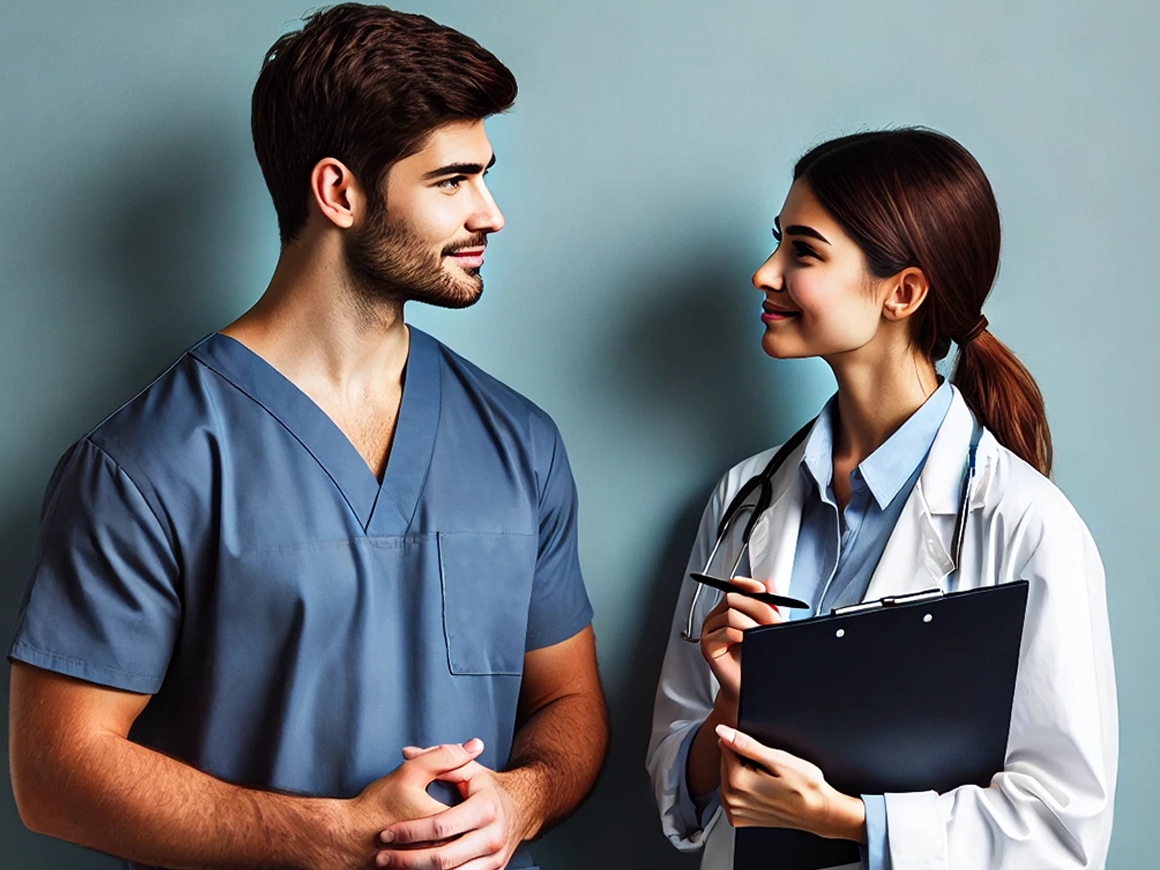Imagen que representa médico radiólogo y Personal Ocupacionalmente Expuesto (POE) charlando.